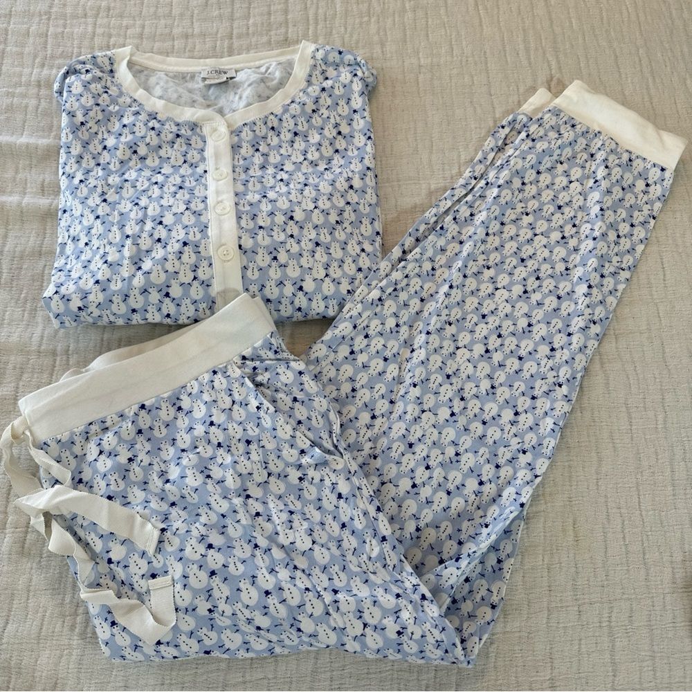 J. CREW PAJAMAS 2 PIECE SET SZ L BLUE WHITE SNOWMEN PRINT 100% COTTON KNIT